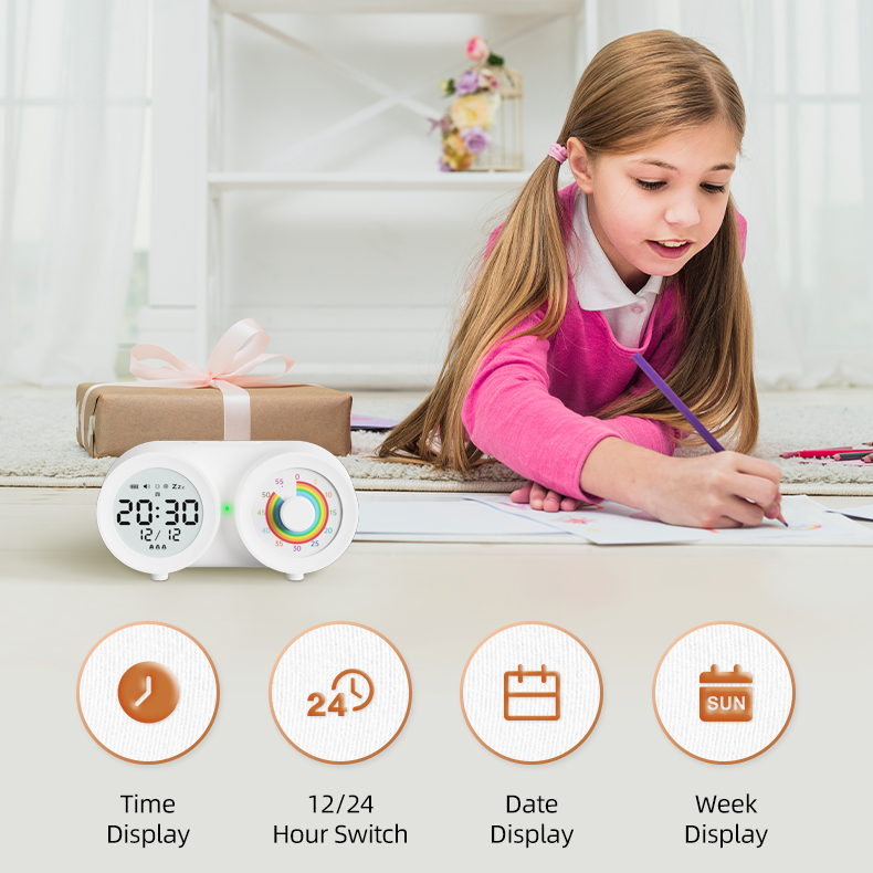 Digital Rechargeable Alarm Clock Night Light Visual Timer Temperature Display Dual Display 60-Minute Visual Timer for Kids