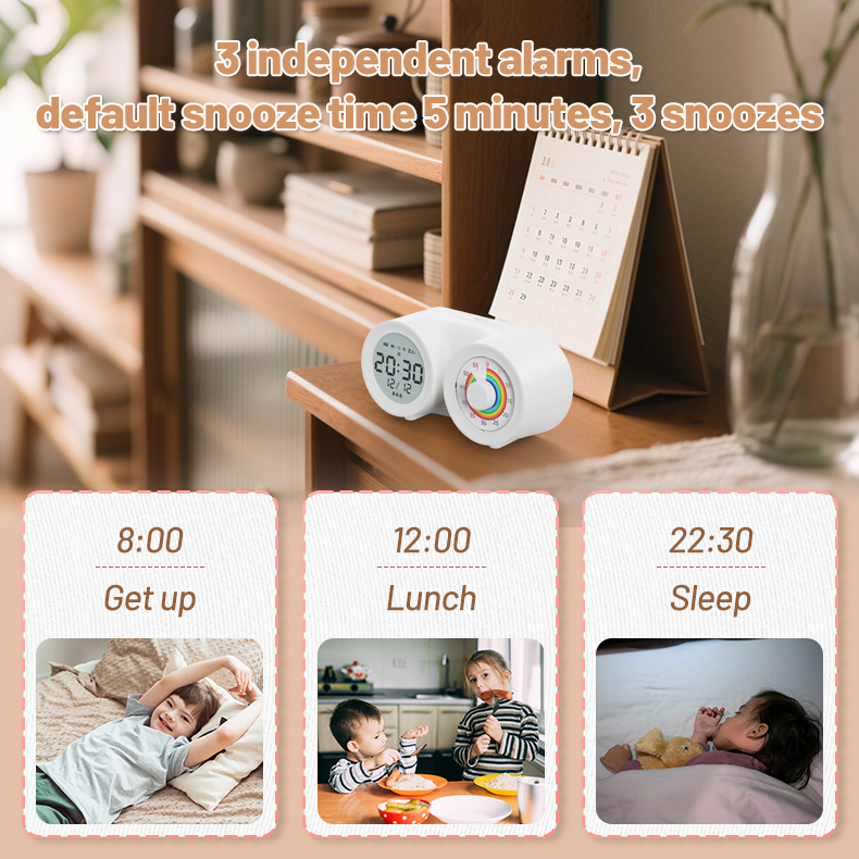 Digital Rechargeable Alarm Clock Night Light Visual Timer Temperature Display Dual Display 60-Minute Visual Timer for Kids