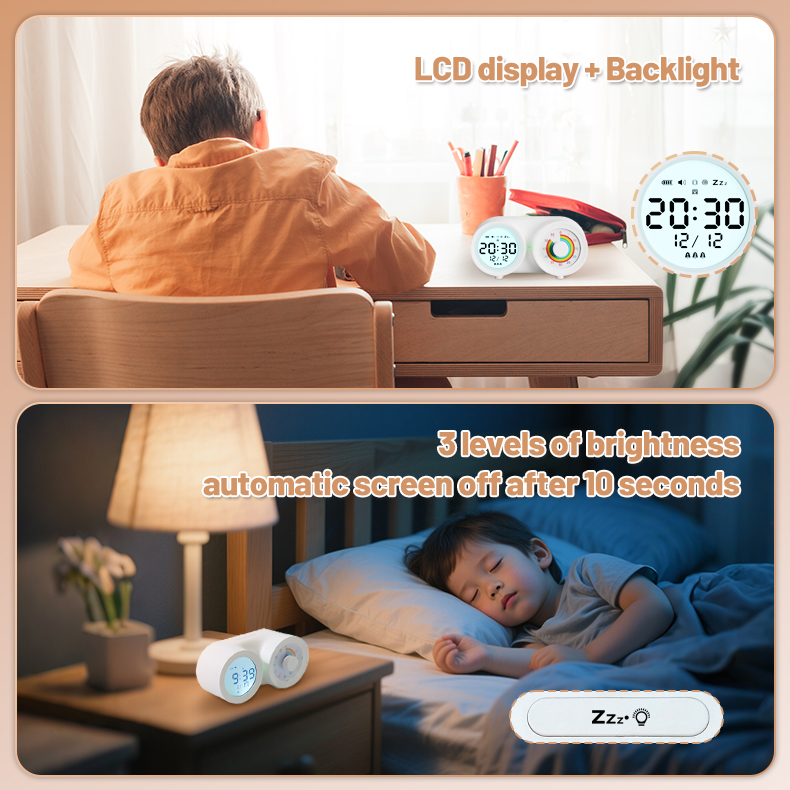 Digital Rechargeable Alarm Clock Night Light Visual Timer Temperature Display Dual Display 60-Minute Visual Timer for Kids