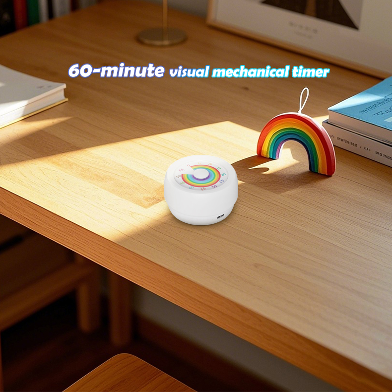 Magnetic Mechanical 60-Minute Timer Customizable Rainbow Dial Silent/Loud Type-C Charging Indicator White Mini Timer