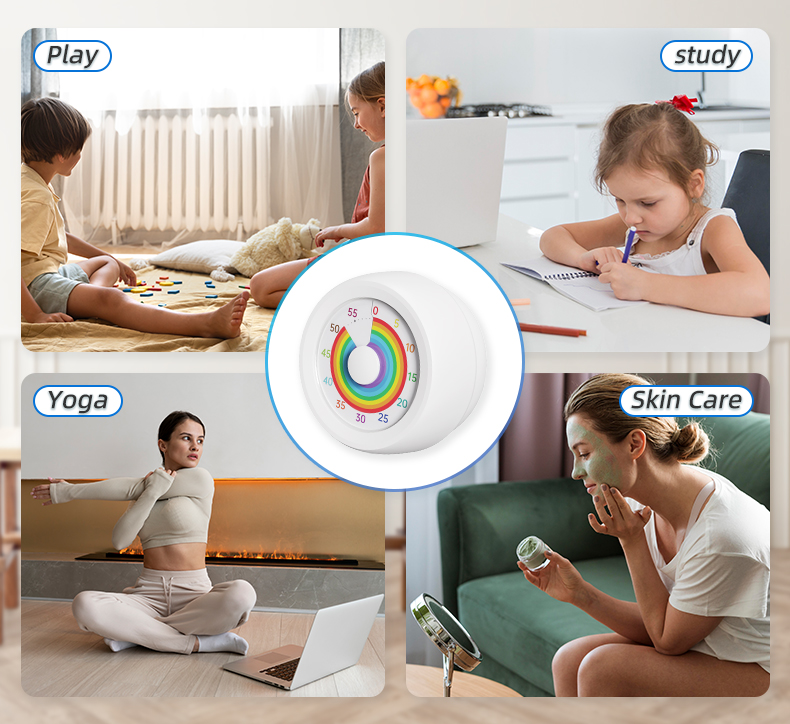 Magnetic Mechanical 60-Minute Timer Customizable Rainbow Dial Silent/Loud Type-C Charging Indicator White Mini Timer